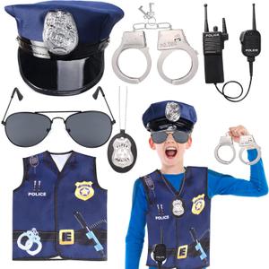 Kids Police Officer Costume Set 6 Pcs Including Cop Hat Vest Sunglasses Badge Walkie Talkie for Pretend Play Dress Up
