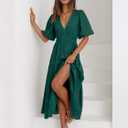 Women's Summer Deep V Neck Puff Short Sleeve Tiered Maxi Dress Flowy A Line Long Dresses (Green, L)