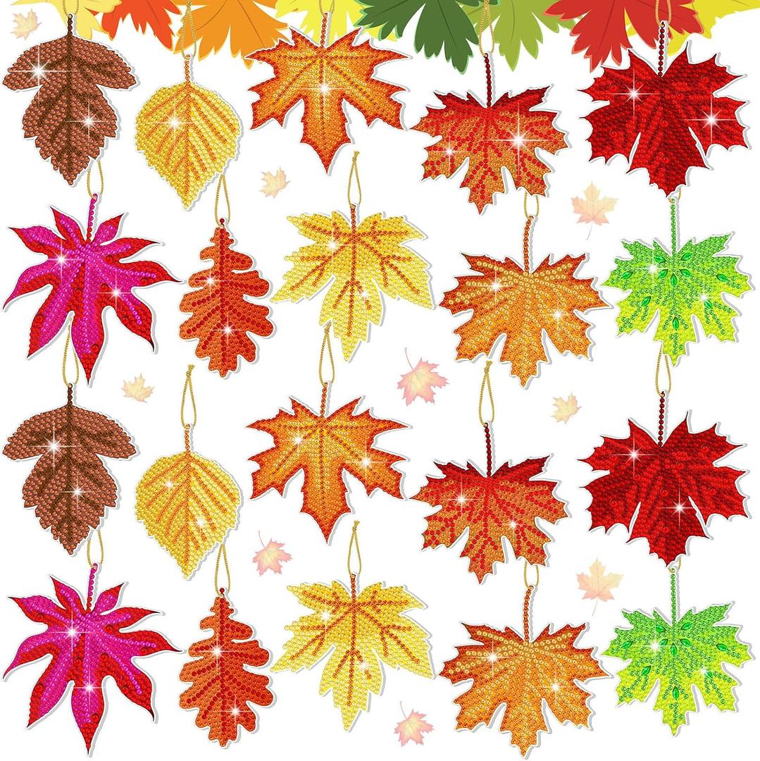 Skylety 20 Pcs Maple Leaf Diamond Art Ornaments Diamond Painting Kit for Adult 5d DIY Fall Gift Wrap Tags with Rope Autumn Hanging Ornaments for Home Craft Party Decor