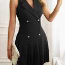 2025 Women's Notch Lapel V Neck Mini Dress Double Breasted Sleeveless, High Waist Pleated Skirt Vintage Audrey Hepburn Style (Black, XL)