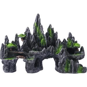 Large Fish Tank Decorations - Mountain View Aquarium Ornament with Tree House Cave Bridge,Large