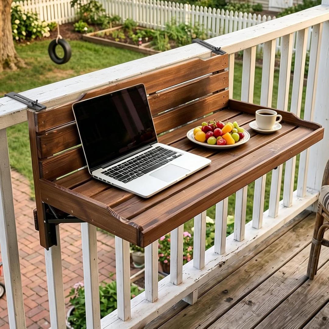 Balcony Bar Table for Railings, Rustic Solid Wood 35.4"x15.7" Outdoor Patio Side Desk, Holds 80 lbs, Adjustable Clamp, Easy Assembly,Fits 4.4" or Less Top Rail, 35.4 x 15.7 x 11.8 inches