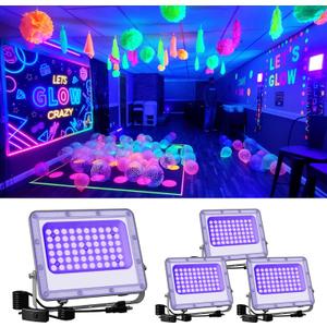 4 Pack 50W Blacklight Flood Lights Wired 120V IP66 Waterproof UV Led Black Lights for Fluorescent Decor, 3D Resin Prints, Uranium Glass, Ultraviolet Poster, Purple Ambiance Lighting for Glow Party