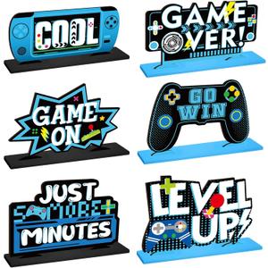 Geetery 6 Pcs Video Game Party Centerpieces Wood Level up Birthday Decorations Gaming Desk Decor Pixelated Table Sign for Adults Birthday Party Theme Fans Supplies(Blue)
