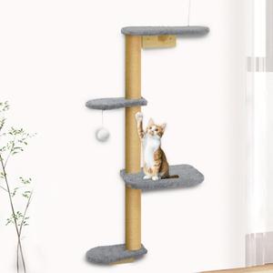 Wall Mounted Cat Wall Shelves and Climbing Tree for Kittens, 4-Tier Adjustable Cat Furniture for Indoor Cats Under 30lbs, with Grey Plush Platforms, Gray