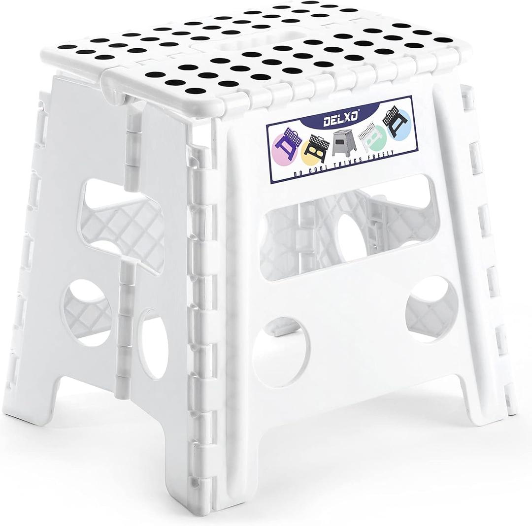 Delxo 13" Folding Step Stool for Kids and Adults, Non-Slip Foldable Step Stools with Handle,Plastic Portable Folding Stool for Bathroom,Bedroom,Kitchen,Hold up to 300lbs White
