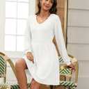 AUSELILY Womens Fall Dress 2025 Long Sleeve V Neck Short Dress Lightweight Casual Knit Sweater Dresses with Pockets (X-Large, White)