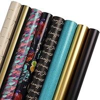LaRibbons Black Christmas Wrapping Paper Rolls with Cutlines, 30Inch × 10Feet, 8 Rolls: 200 sq.ft.ttl, Matte Gold Black and Stripes Jewel Gift Wrap Bundle for Christmas, Holiday, Season Party