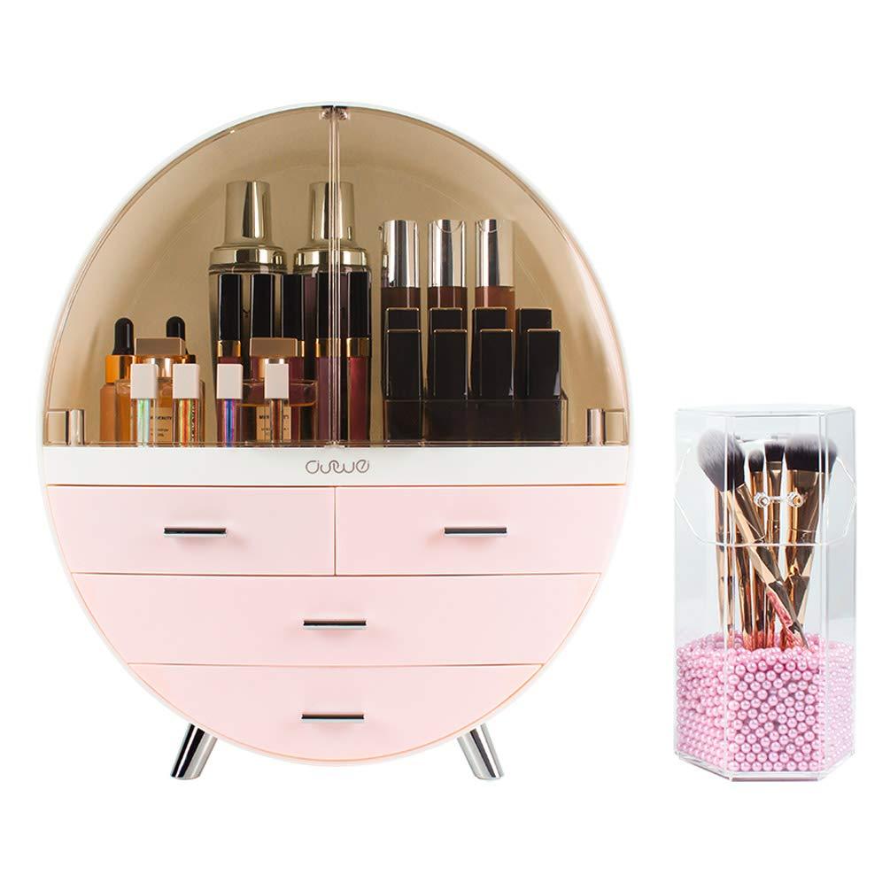 Elegant Dustproof Makeup Storage Organizer Box, Waterproof Large Cosmetics Organizer Storage with Drawers Skincare Cosmetic Display Cases for Countertop Bathroom Dresser Dedroom (Lager, Pink/ Brush Holder)