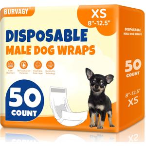 BURVAGY 50 Count Disposable Male Dog Wraps, Male Dog Diapers, Super Absorbent Pee Wraps, Belly Bands for Dogs, Leak Proof, Wetness Indicator, Puppy and Doggie Diaper for Peeing, X-Small