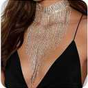 Xerling Extra Long Rhinestones Tassel Choker Necklaces for Women Boho Fringe Chains Multi-row Rhinestones Long Wedding Necklaces Statement Bridal Bib Collar Necklaces (Silver)