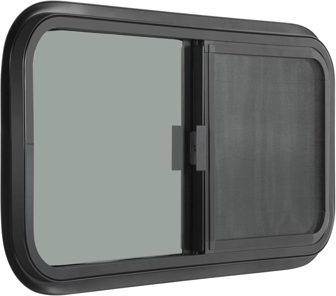 Horizontal RV Window, 30" W x 20" H Tinted Sliding RV Window with Net Screen and Trim Ring, Suitable for 15/16" or 1-3/8" and Slightly Thicker Up to 1/16" Walls, DOT Approved