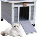 Rockever Outdoor Cat House,Outdoor cat Houses for Feral Cats Weatherproof Rabbit Hutch Small, Wooden Small Pet House and Habitats-Grey
