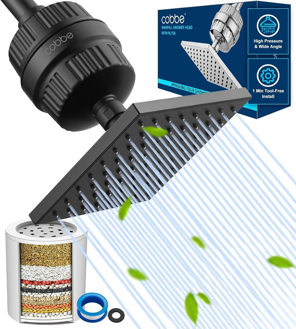 Cobbe High Pressure Filtered Shower Head Combo, Rain Shower Head with 20 Stage Shower Head Filter for Hard Water - Adjustable Replacement Remove Chlorine and Harmful Substances, Matte Black Cobbe High Pressure Filtered Shower Head Combo, Rain Shower Head with 20 Stage Shower Head Filter for Hard Water - Adjustable Replacement Remove Chlorine and Harmful Substances, Matte Black
