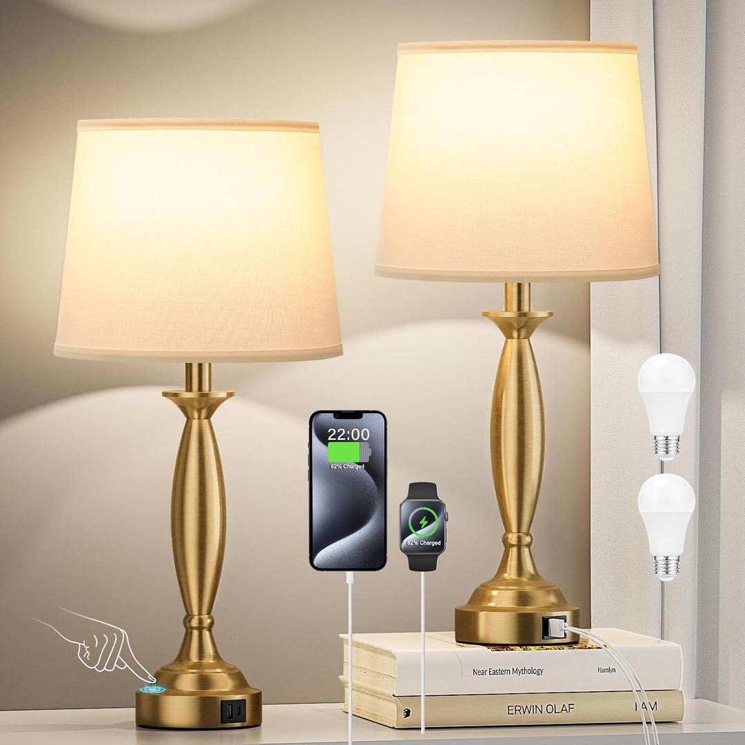 Seealle White Gold Lamps for Bedrooms Set of 2 - Touch Control Bedside Lamp with USB C+A, 3 Way Dimmable Nightstand Lamps with USB Port, Table Lamp for Living Room(White Shade and Gold Base)