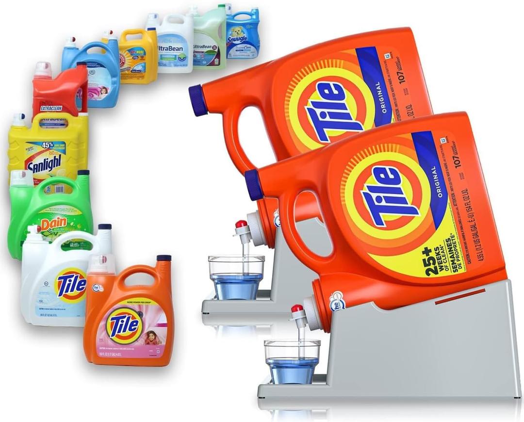 TidyFriend 2 Pack Liquid Laundry Detergent Holder Stand with Drip Tray & Rubber-Grip Feet, Stand for Laundry Room Organization and Storage, Fabric Softener Dispenser with Cup Holder (Grey)