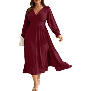 RWJ Plus Size Wedding Guest Dress for Women Deep V Neck Long Sleeve High Waist Slit Formal Cocktail Party Fall Maxi Dresses (Wine Red), XL