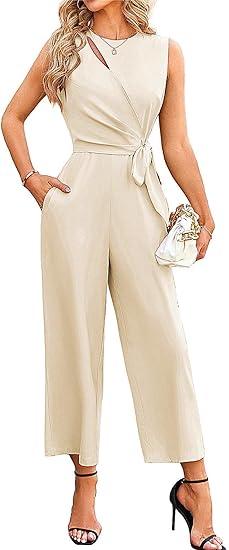 JASAMBAC Women's Jumpsuits Sleeveless Dressy Scoop Neck Cutout Ruched Romper Tummy Control Playsuit Casual with Pockets, Size L