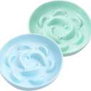 Cat Slow Feeder Bowl Set - 2 Pcs Ceramic Cat Food Plates for Slow Eating - Double Cat Dish for Dry Wet Food - Slow Feeding Cat Bowls Whisker Friendly - Microwave and Dishwasher Safe - Blue and Green