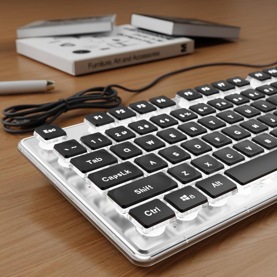 SEUNKWANG EWEADN GX710S Backlit Computer Keyboards, Wired USB Keyboard with White Backlit, Metal Panel, Plug and Play, Pudding Keycaps Full Size Quite Computer Keyboard for Win/ PC/ Laptop-Black