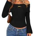 MEROKEETY Women's Off Shoulder Sweater 2025 Fall Cute Bell Long Sleeve Ribbed Knit Winter Pullover Knit Outfits, Black, Size Medium