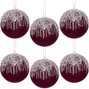 Nature Crafted 6PCS 4inch Burgundy Red Velvet Christmas Ball Ornaments Set, Glitter Shatterproof Christmas Tree Hanging Ornament Flocked Hanging Balls Xmas Wreath Garland Holiday Wedding Party