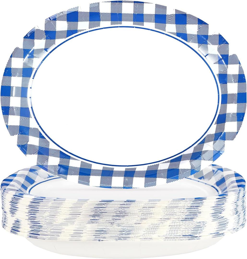 50Pcs Blue and White Gingham Oval Paper Plates 10" x 12" Large Blue Gingham Checkered Plaid Plates Disposable Heavy Duty Oktoberfest Plate for Oktoberfest Holiday Picnic BBQ Birthday Party Decorations