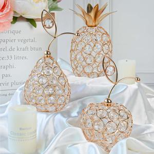 Set of 3 Elegance Crystal Metal Pineapple Pear Table Centerpiece Handmade Crystal Candlestick Hollow Fruit Ornament Home Party Wedding Holiday Decoration (Gold, Set of 3)