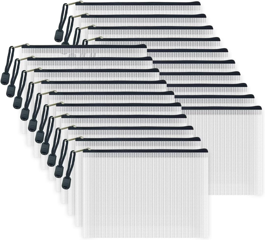 AUSTARK 20pcs Mesh Zipper Pouch Bags, Multipurpose Waterproof Organization Storage Bag for Office School Home Travel (B6 Size 7.6''x5.3'', White and Black)