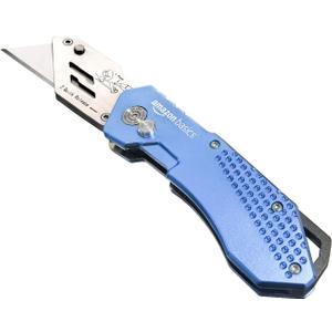Amazon Basics Folding Utility Knife Box Cutter with Locking Mechanism, Quick Change Blade, Lightweight Aluminum Body, Holster, Light Blue