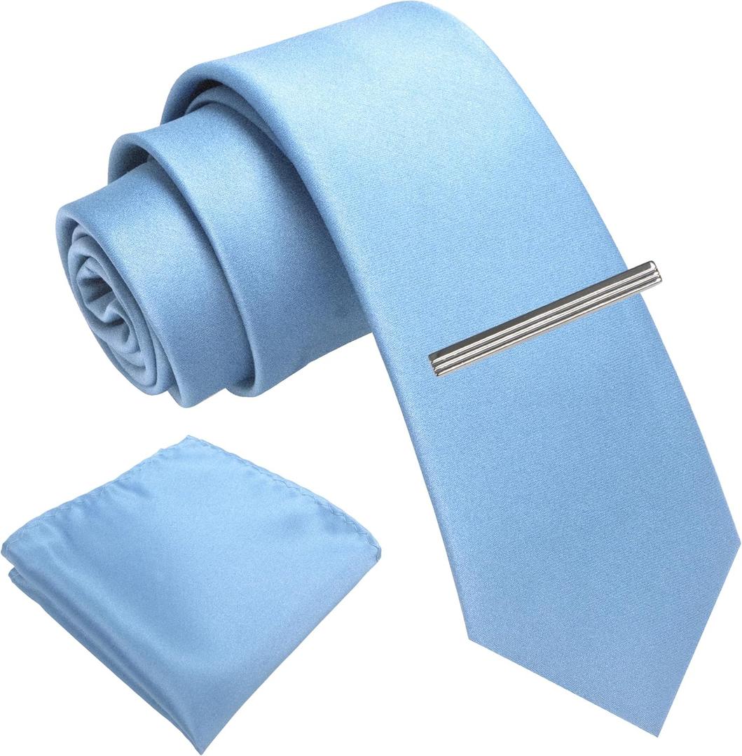 RBOCOTT Solid Color Skinny Tie and Pocket Square with Tie Clip Set(6cm) (Baby Blue)