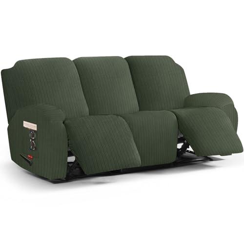 ChengEase Stretch Recliner Sofa Cover - 5 Pieces Striped Pattern Slipcovers & Durable Furniture Protector for Reclining Couch, Ideal for Kids and Pets (3 Seater, Green)