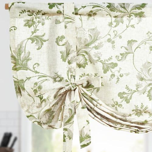 jinchan Tie Up Valance Curtain Floral Linen for Windows Farmhouse 45 Inch Damask Printed Short Window Treatment Adjustable Length for Kitchen Living Room Light Filtering 1 Panel Green on Linen