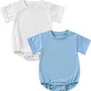 Jimonda Baby Bubble Rompers Boy Girl Solid Color T-Shirt Outfits Short Sleeve Button Bodysuit Cotton Tops Clothes 2Pcs, 9-12 M