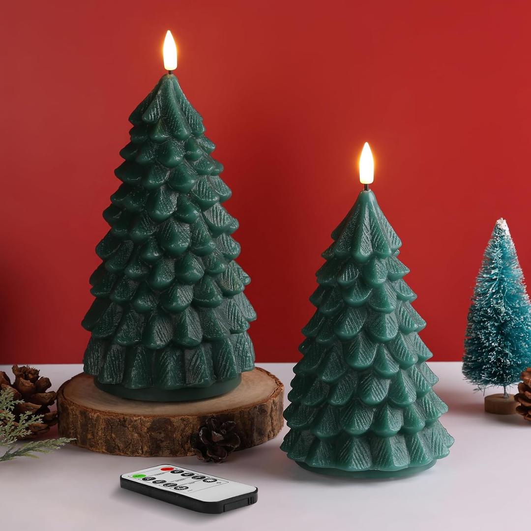 2 x Eywamage Green Christmas Tree Flameless Candles with Remote, Real Wax Flickering LED Pillar Candles Set of 2
