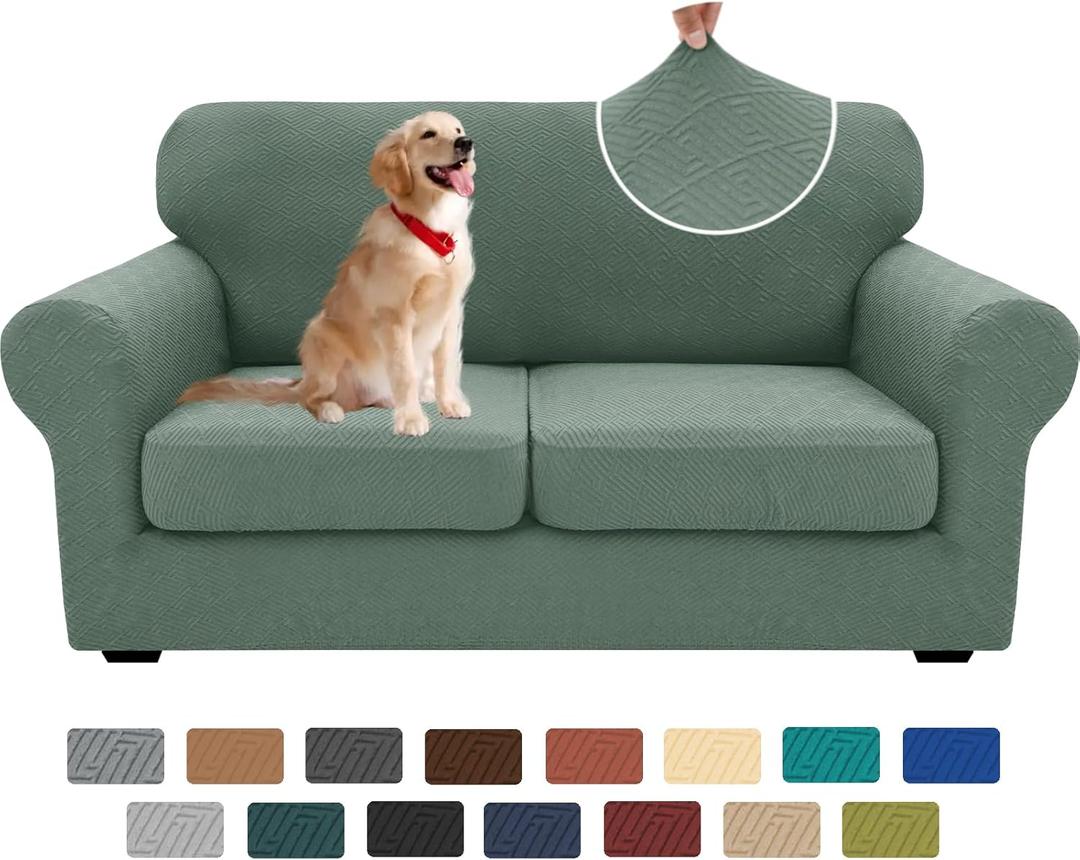 XINEAGE New 3 Pieces Couch Covers for 2 Cushion Sofa Super Stretch Loveseat Slipcover Pet Dog Universal Slip Cover Anti Slip Love Seat Furniture Protector (Pea Green, 55"-69")