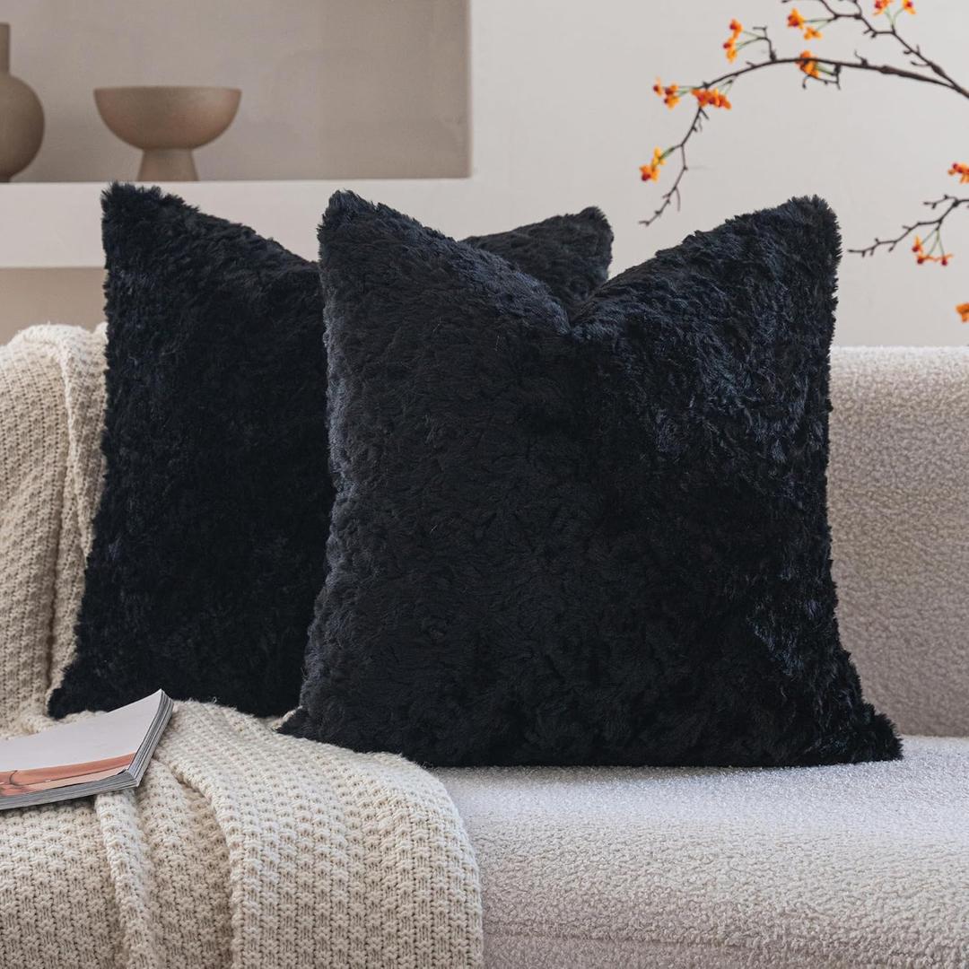 Neelvin Set of 2 Faux Fur Throw Pillow Covers 16x16 Inch Black Cozy Soft Solid Decorative Pillowcases Thick Plush Sheepskin Cushion Case for Chair and Couch Sofa Bedroom