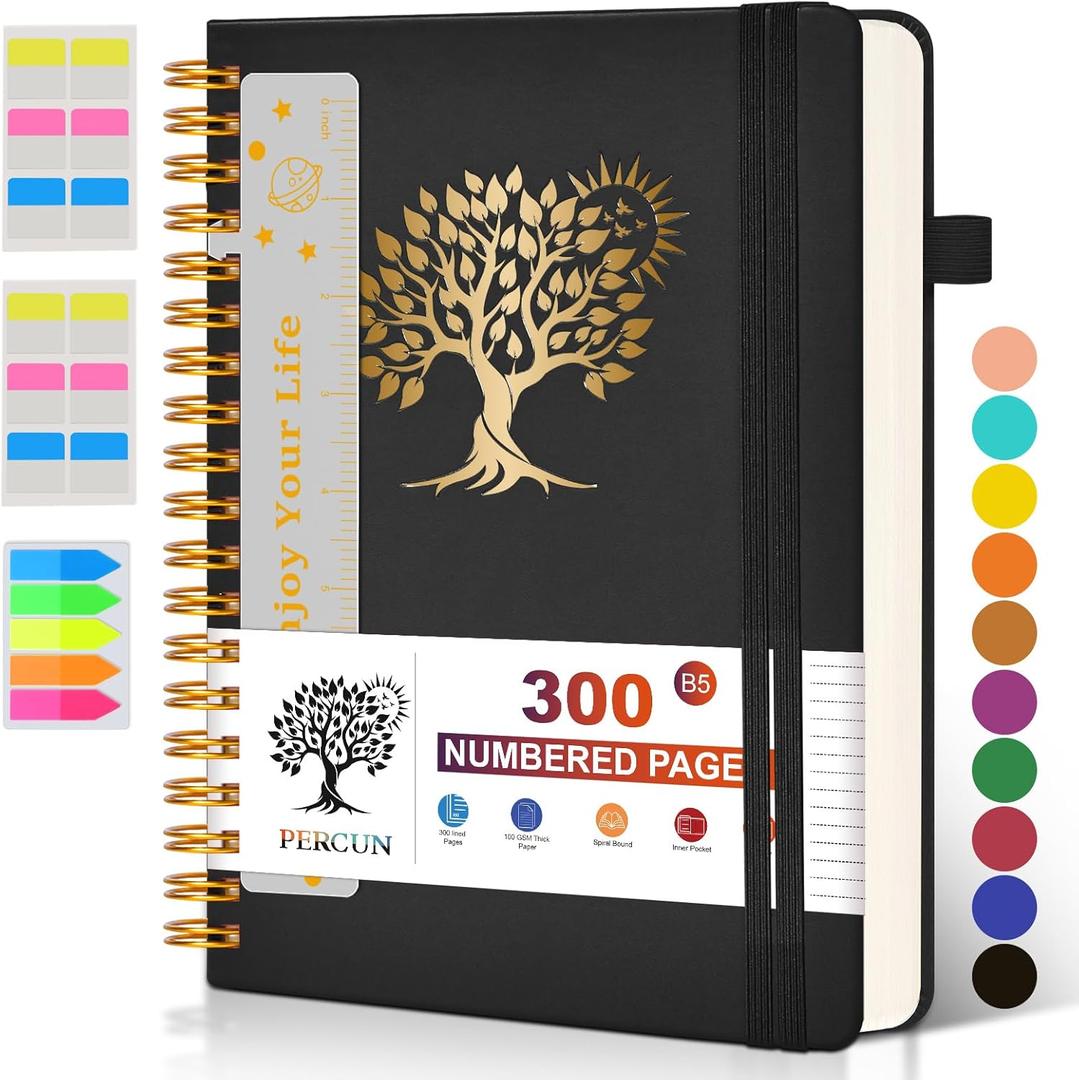 Large Spiral Notebook Journal for Women Men - 300 Numbered Lined Pages, College Ruled,B5 Hardcover Spiral Bound Notebook for School, Work, Note Taking, Writing, Leather Spiral Journal 7"x10" (Black)