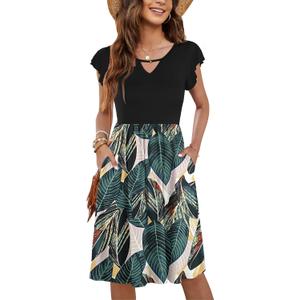 WNEEDU Summer Dresses for Women 2025 Ruffle Sleeve Casual Sundress Swing Elastic Waist Dress with Pockets (X-Large, 03 Leaf Print)
