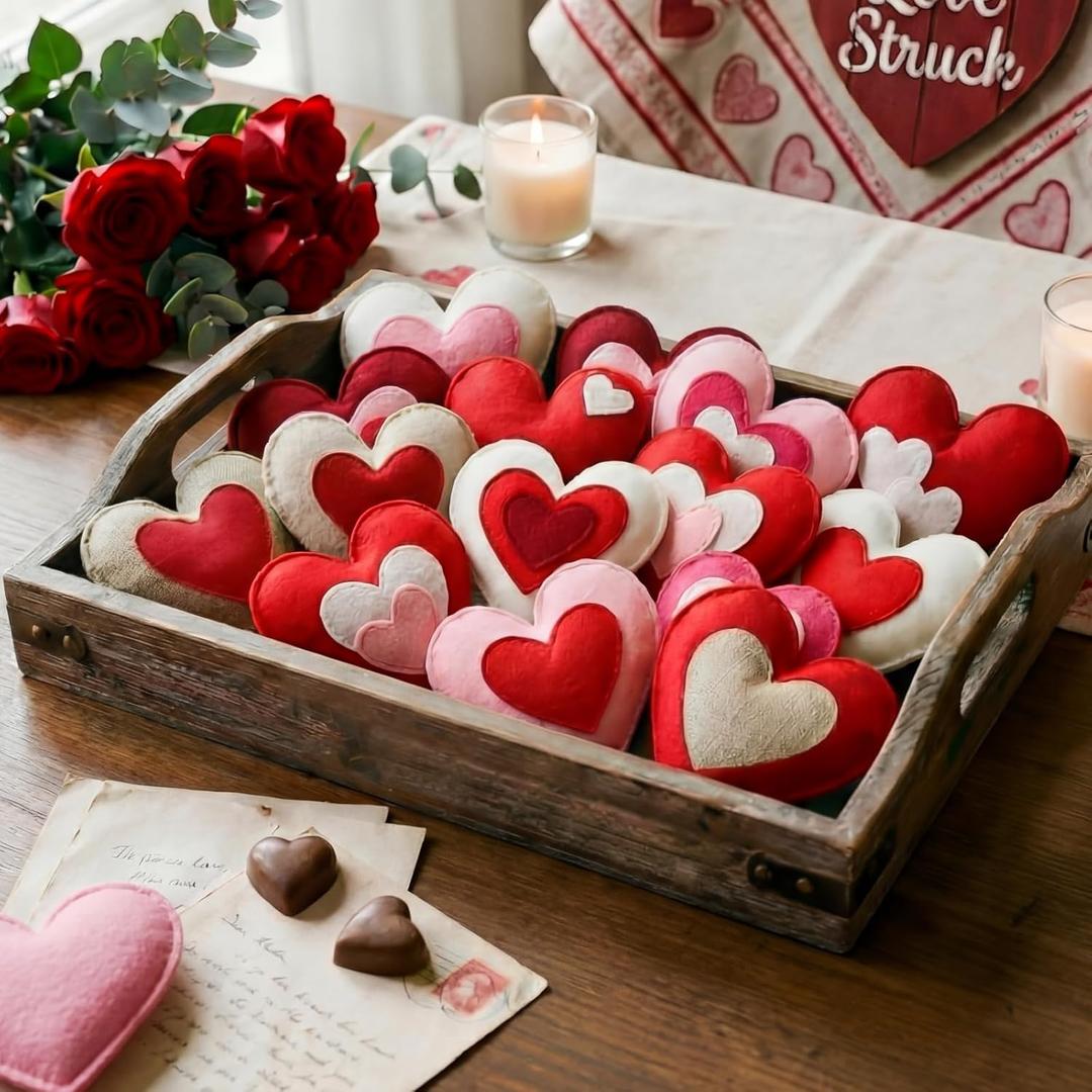 Moukeren 24 Pcs Valentine's Day Felt Heart Ornaments Heart Bowl Filler Valentines Vase Filler Stuffed Felt Decorations Rustic Farmhouse Decor for Home Wedding Farmhouse Basket Tiered Trays