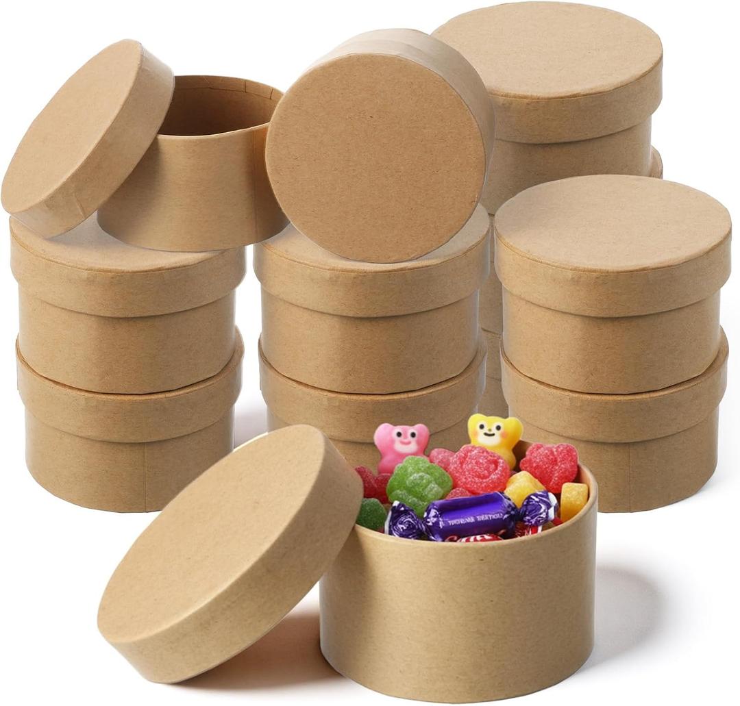 12 Pack Round Paper Mache Box with Lid - 3.37 Diameter x 1.97 Height - DIY Craft Nesting Gift Boxes for Jewelry, Storing, Decoupaging & Painting | Brown Paper Craft Boxes