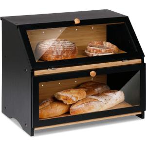 HOMEKOKO Double Layer Large Bread Box for Kitchen Counter, Wooden Large Capacity Bread Storage Bin (Black)