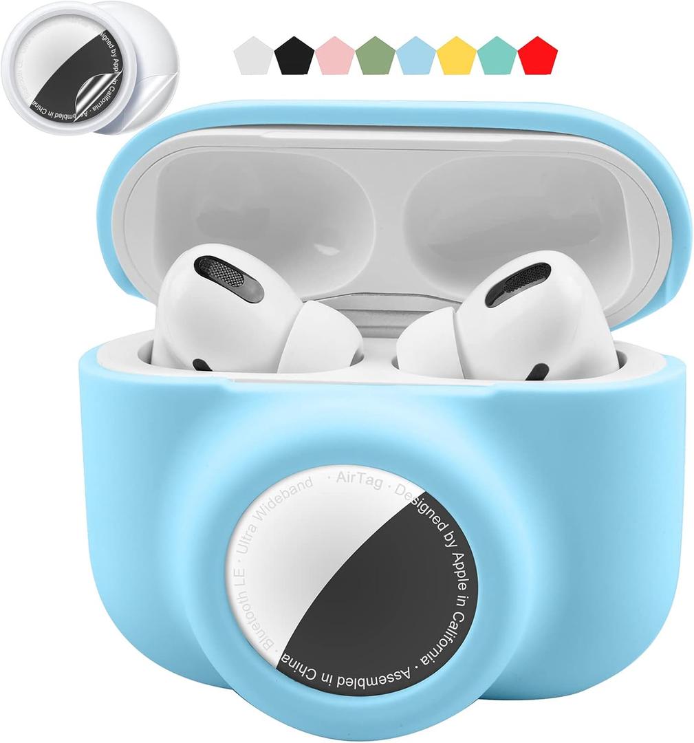 2 in 1 Protective Case Compatible with Apple Airpods Pro 2nd/1st Generation & Airtag Case Combo, Soft Silicone Protective Cover with 2 PCS Screen Protector, Shock-Proof Anti-Scratch(Blue)