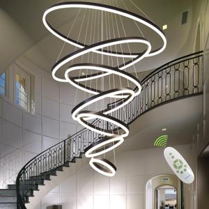 7 Rings Chandelier, 39.37" Large Black Modern LED Light Fixture for High Ceiling, Entryway, Staircase (Dimmable, Remote, 3000-6500K)