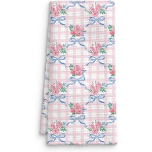 Coquette Blue Bow Floral Kitchen Towel, Grandmillennial Pink Rose Flower Gingham Hand Towel for Bathroom, Pink and White Checkered Dish Tea Towel, Coquette Bathroom Decor, 16x24 Inch