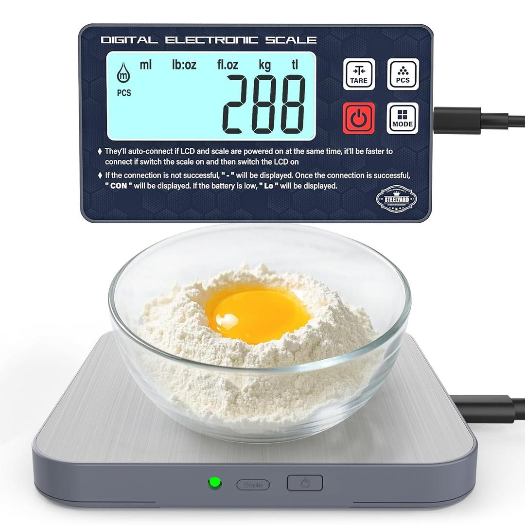 Rechargeable Digital Kitchen Food Scale - Detachable Display Electronic Weight Scale for Bread Making & Coffee Brewing, 304 Stainless Steel Platform, Backlit LCD, Count Mode, Wall-Mount & Tilt Stand (Grey)
