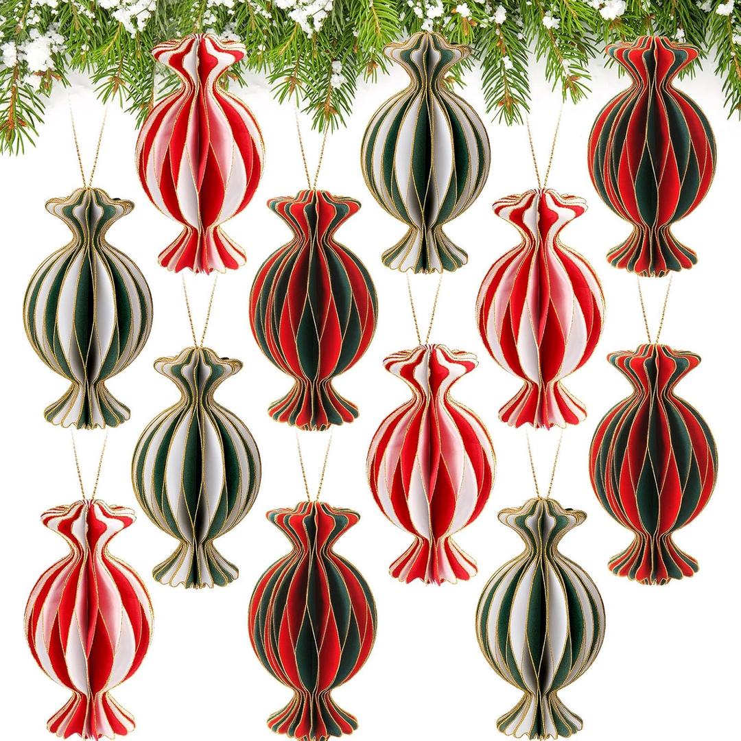 12 Pcs Red Green Christmas Decorations 4" 3D Candy Paper Honeycomb Ornaments for Tree Magnetic Glitter Edge Paper Honeycomb Lanterns for Christmas Tree New Year's Christian Table Decor (Multi Color)