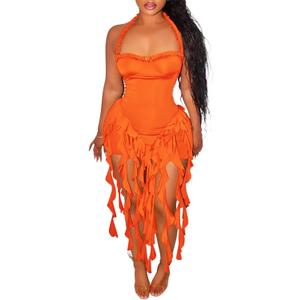 Aro Lora Womens Sexy Halter Neck Sleeveless Ruffle Tassel Party Club Bodycon Mini Dress (Large, Orange)