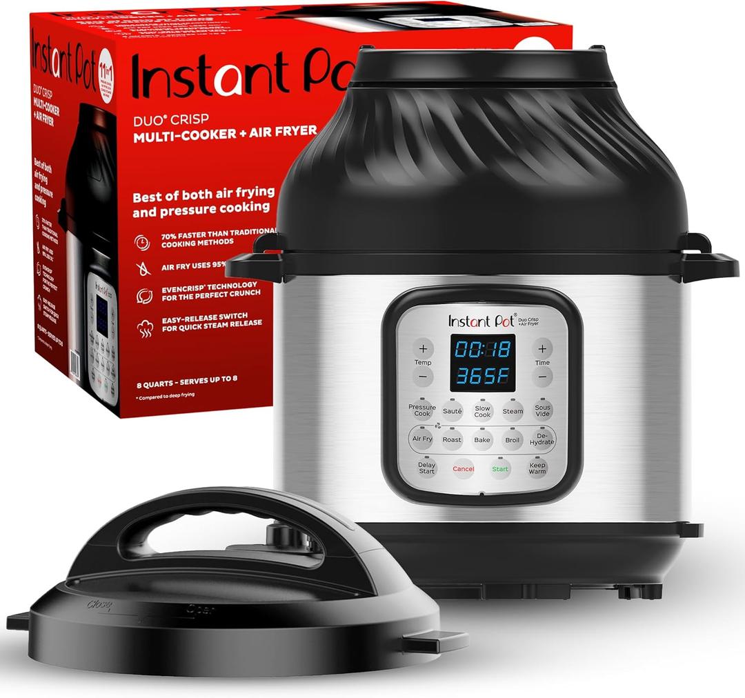Instant Pot Duo Crisp 11-in-1 Air Fryer and Electric Pressure Cooker Combo with Multicooker Lids that Fries, Steams, Slow Cooks, Dehydrates, Free App With Over 800 Recipes, Black/Stainless Steel, 8QT