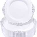 Hioasis 100pcs White Silver Plastic Plates for Party - 7.5" Dinner Plates Disposable, Heavy -duty, Classy and Elegant for Wedding